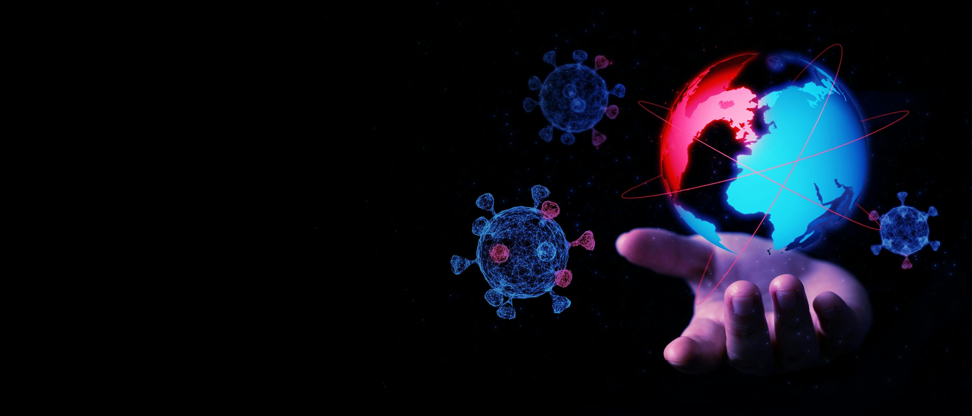 Globe in hand with Covid-19 virus in background | Image credit: Chan2545