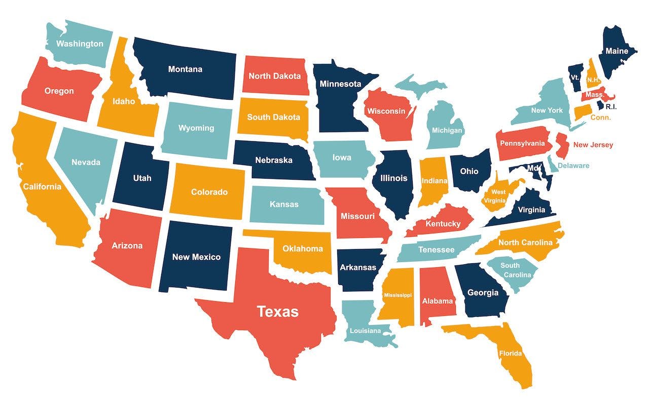 Map of the United States with names on states in different colors | Image credit: warmworld - stock.adobe.com